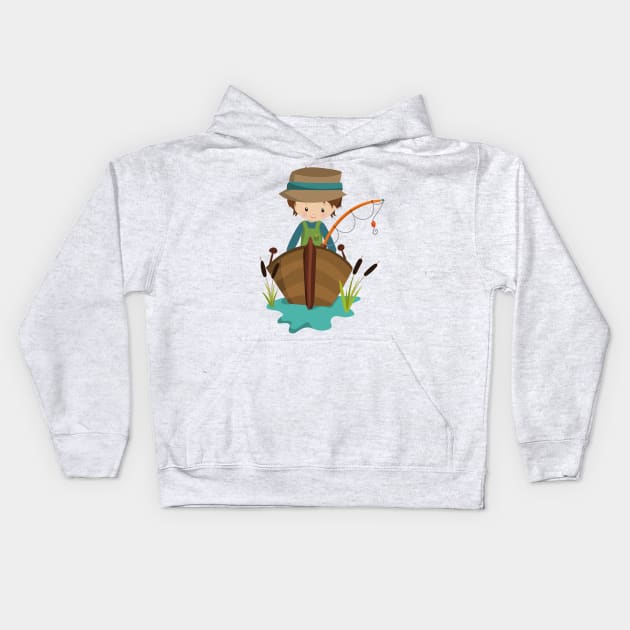 Fishing Boy, Fisherman, Fishing Rod, Brown Hair Kids Hoodie by Jelena Dunčević